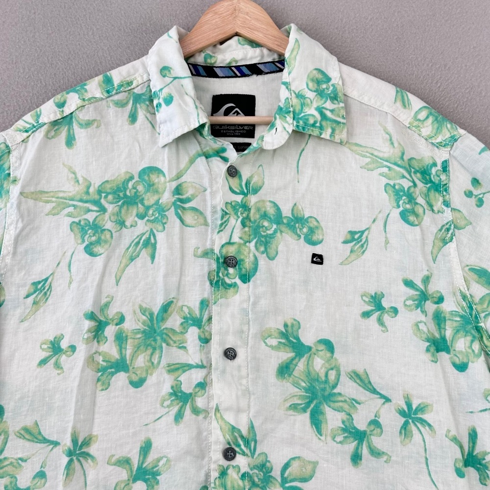 Quiksilver Premium Shirt Mens XL Floral Linen Button Up Short Sleeve Vacation